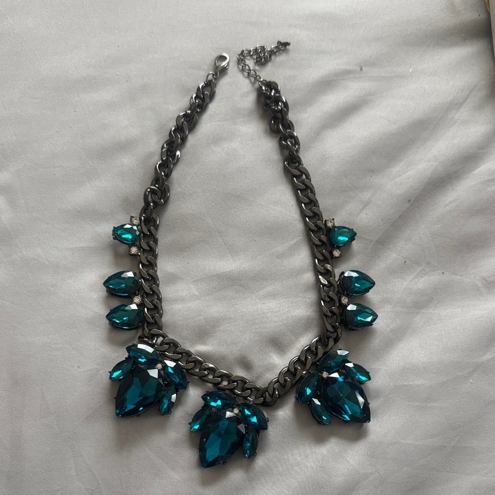 Statement Teal Crystal Chain Necklace - Women's Fashion Jewelry